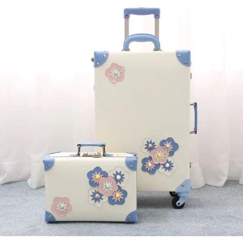 2019 New girl Vintage Floral PU Rolling Luggage sets,13"20"22"24"26"inch Women Trolley Suitcase with Cosmetic case On Wheels