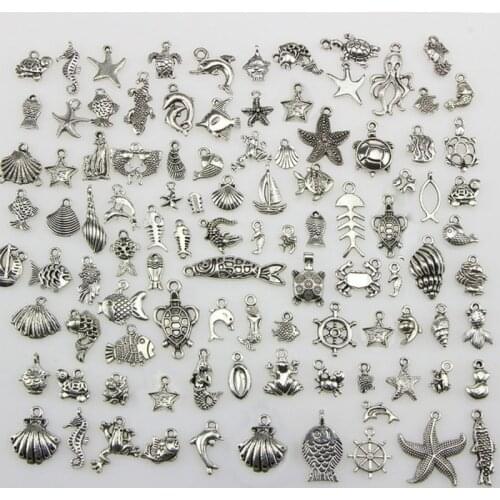50pcs Tibetan Silver Mixed Seahorse Shell Starfish Turtle Ocean Theme Biological Charms Pendant DIY Beads Jewelry Accessories