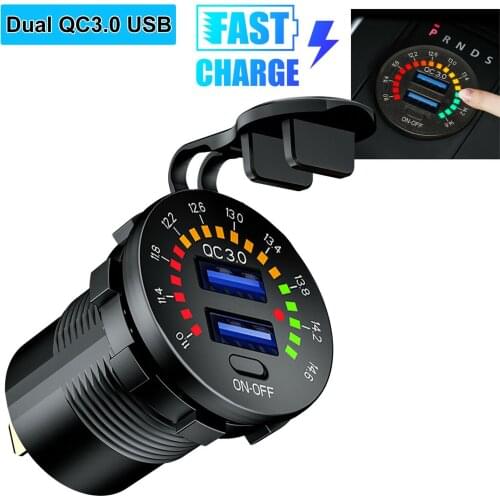 QC3.0 Dual USB Charger Socket w/ Voltmeter & Wire Waterproof for Car Marine Boat