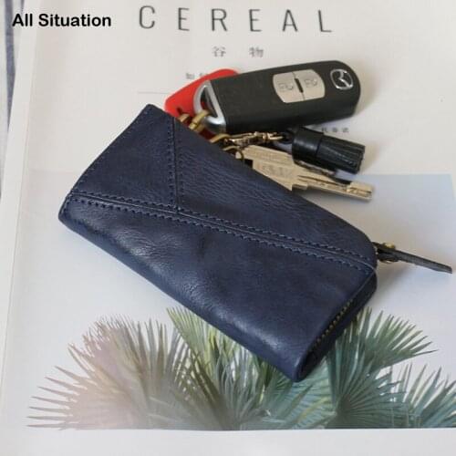 Luxury Car Key Case First Layer Cow Leather Handmade Retro Housekeeper Keychain Bag Male Vintage Zipper Key Purses Women