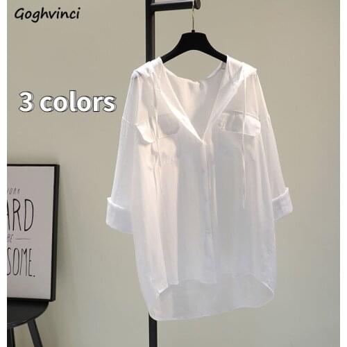 Shirts Women Solid Hooded Summer Pockets 3 Colors Simple Clothing Tops Stylish Holiday Daily Popular Basic Female Korean Style