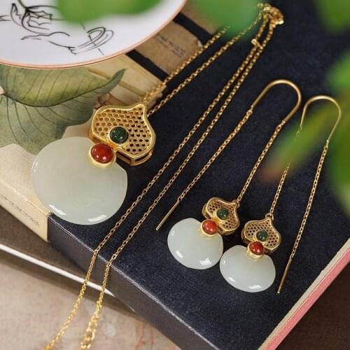 S925 Sterling Silver Golden Gourd Hetian Sweater Chain Niche Retro Temperament Necklace and Earrings Suite Combination Hanging E