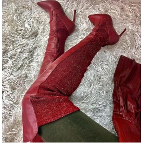Moraima Snc Dark Red Thigh High Heel Boots for Women Sexy Pointed Toe Over the Knee Long Boots Autumn Fashion Shoes