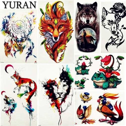 YURAN 3D Watercolor Tattoo Stickers Women Arm Big Body Art Tattoos Temporary Men Neck Wolf Moon Makeup Fake Tatoos Lions DIY