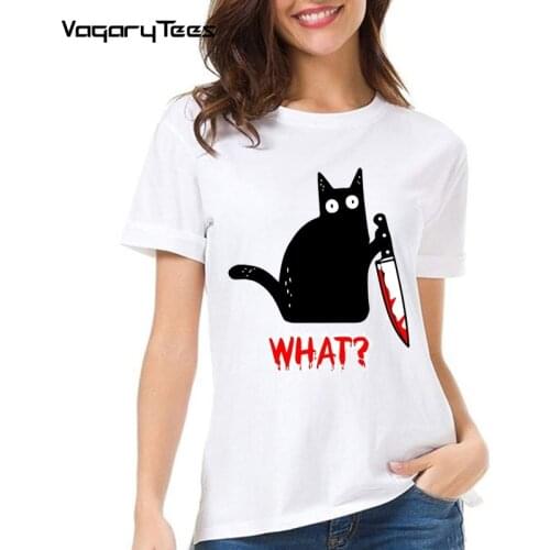 Funny Cute Black Cat Gift For Cats Lovers Black Cat What Tshirt Murderous Cat Knife women T Shirt Short Sleeve Female Tops Tees