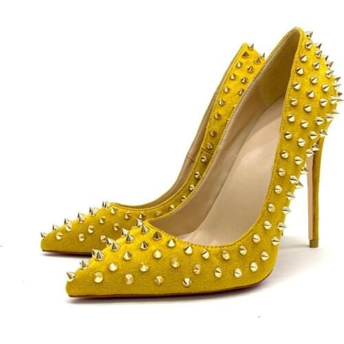 Yellow rivet studded 8cm 10cm 12cm high heel party shoe work sexy wedding plus size 33-45 pointed toe women pumps MD041 ROVICIYA