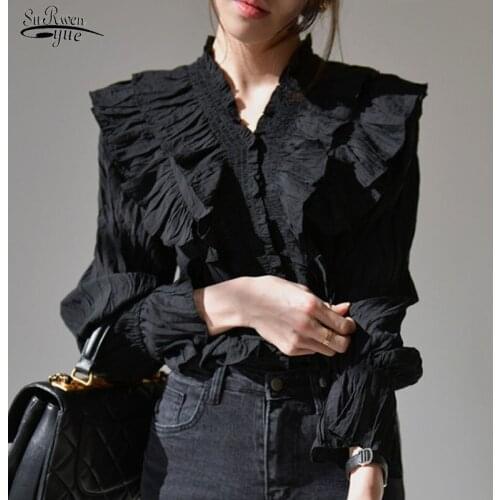 2020 Autumn Sweet Pleated V-neck Puffed Sleeve Women Shirt Korean Loose Chic Ruffle Tops Women Tops Blouse Chemisier Femme 10573