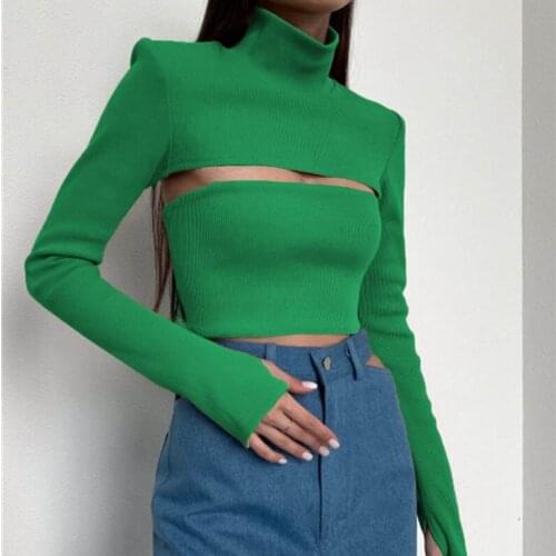 2021 New Turtleneck Women Tops Sexy Hollow Out Long Sleeve Autumn Woman 2 Pieces Ribbed Knitted Basic Crop Tops T Shirts Women