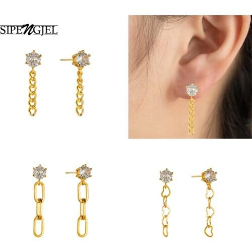 SIPENGJEL Fashion Punk Drop Tassel Chain Earrings Clear Cubic Zircon Stuning Piercing Stud Earrings For Women Jewelry