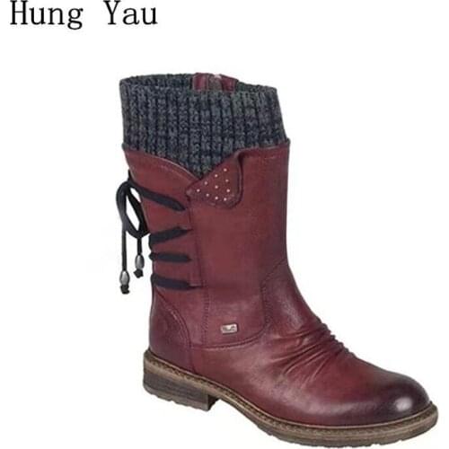 Women Snow Boots Mid-Calf Winter Lace Up Female Casual Shoes Woman Flat Fashion Platform Low Heeled Plus Size 35-43