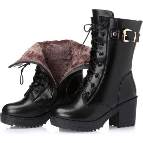 Krasovki Wool Women Winter Boot Warm Genuine Leather Med Heel Fur Warm Plush Shoes High Heel Boots Platform for Women Snow Boots