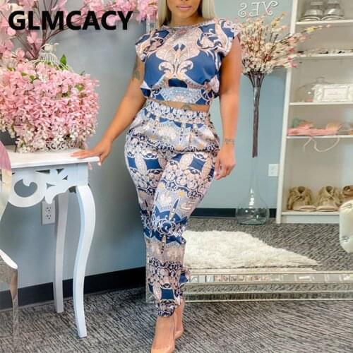 Two Pieces Sets Women Short Sleeve Printed Top & Bodycon Pants