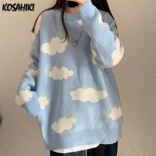 KOSAHIKI Korean Fashion Cartoon Cloud Y2k Women Sweater Chic Causal Knitted Pullover Tops 2021 Autumn Pull Jumpers OverSize
