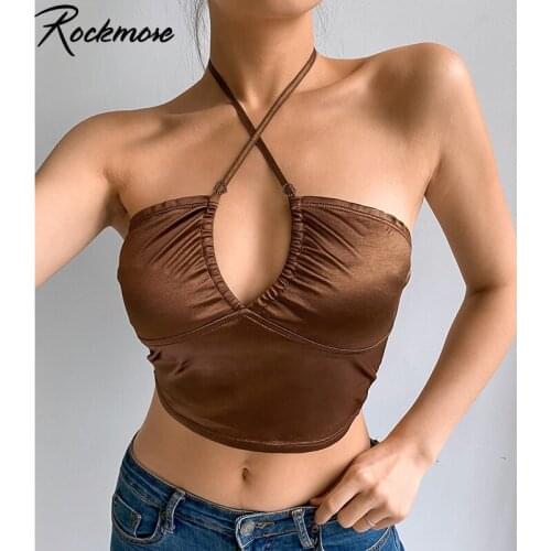 Rockmore Brown Sexy Cross Lace Up Crop Top Women Halter Low Cut Tank Tops Backless Sleeveless Camis Streetwear Summer Vest