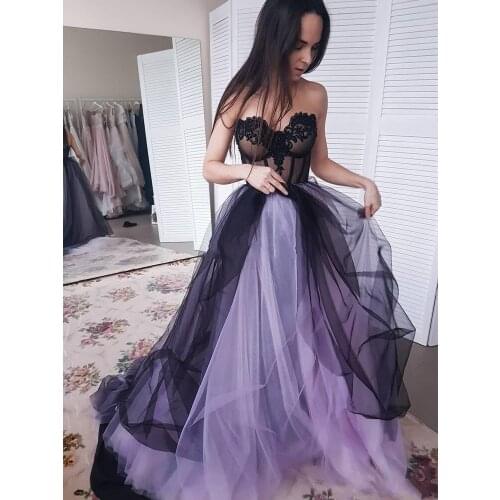 Purple Black A Line Long Prom Dresses Plus Size Sweetheart Backless Applique Tulle Evening Party Gowns Elegant Robe de soiree