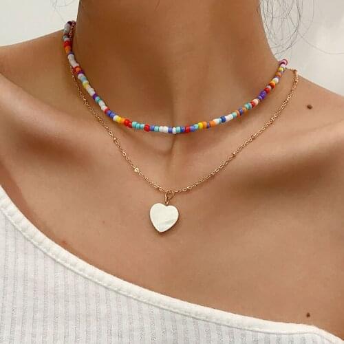Ethnic Vintage Colorful Acrylic Beads Heart Pendant Necklace Women Double Layer Geometric Clavicle Necklace Pendants Jewelry
