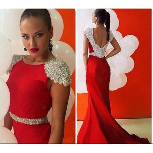 Custom Charming Robe De Soiree Cap Sleeve Red Mermaid 2018 Formal Evening gown Beaded Backless mother of the bride dresses