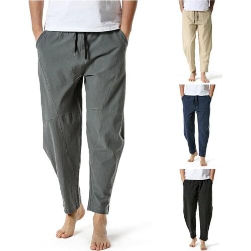 Cotton linen summer pants men Loose casual lightweight japanese streetwear Elastic waist joggers men Yoga Pants Home 20210413-3
