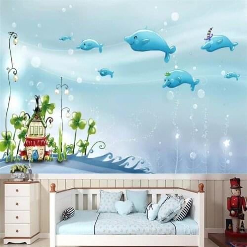 Dolphin swimming fantasy cartoon room background wall professional production mural wholesale wallpaper mural poster photo wall