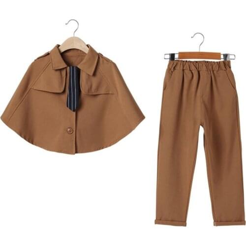 DFXD New Fashion Teen Girls Two Piece Outfits Korean Autumn Brown Cape Cloak+Pant Girls Clothing Sets For 3-12Yrs Kids Clothes