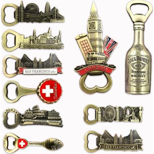 Metal Fridge sticker Magnets Beer Bottle Opener Kitchen Tool 3D City Souvenir London San Francisco Switzerland Roma Home Decor