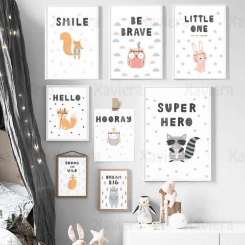 Minimalist Canvas Painting Cartoon Animal Fox Bear Rabbit Owl Raccoon Squirrel Quotes Poster Simple Wall Art Nordic Home Decor