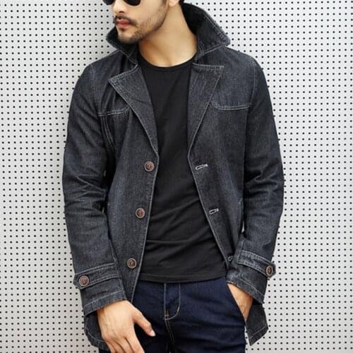 Lapel Denim Blazer Men Slim Fit Winter Black Blue Jeans Suits Jacket Male Casual Cotton Long Trench Coat Homme With Lined 2020