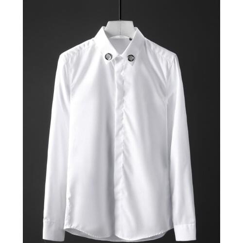 New 100% Cotton Men Shirt Fashion White Black Long Sleeve Mens Dress Shirt Hight Quality Eyelets Rivets Collar Man Shirts 4XL