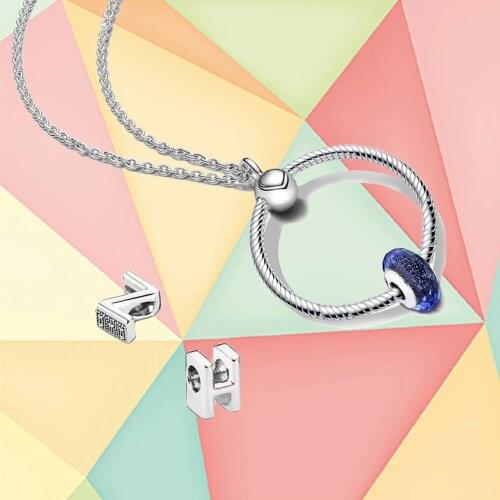 New High Quality 100% 925 Silver Blue Glass Letter Necklace Set, Fashionable Lady Diy Necklace, Exquisite Jewelry Romantic Gift