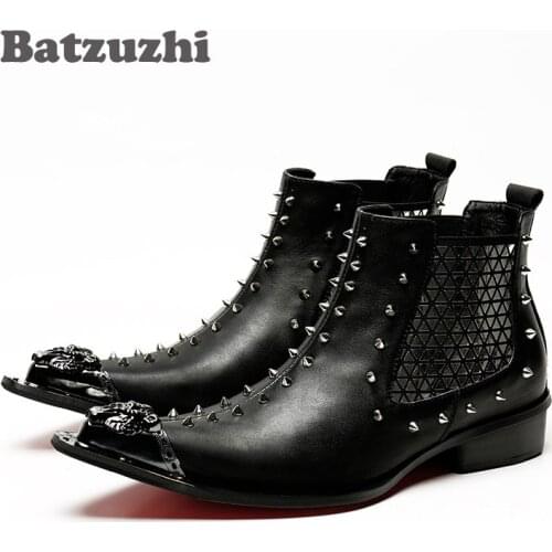 Batzuzhi Brand Rivets Knight Boots Men Western Pointed Metal Tip Leather Short Boot Men Bar, DJ, Stage Party Boots for Men