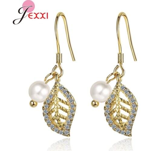 New Trend Hollow Gold Leaf Cubic Zircon Drop Earrings 925 Sterling Silver Pearl Ear Trendy Jewelry For Women Gifts
