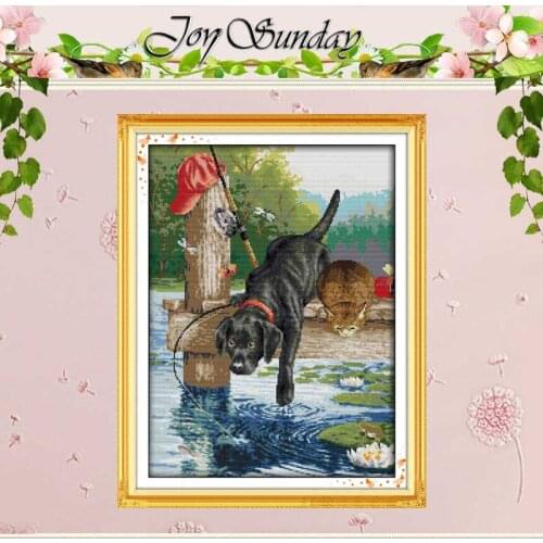 A Dog Fishing Patterns Counted Cross Stitch 11CT 14CT Cross Stitch Set Wholesale DIY Cross-stitch Kit Embroidery Needlework