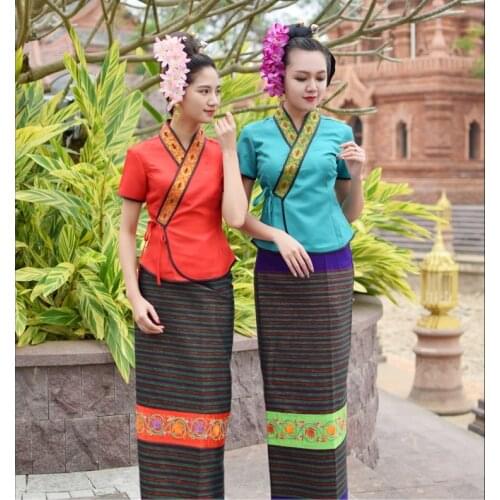 Asian Thai Laos Vietnam Dai Nation Folk dance Traditional dress blue Queen single shoulder Ancient Thailand style Red Outfit