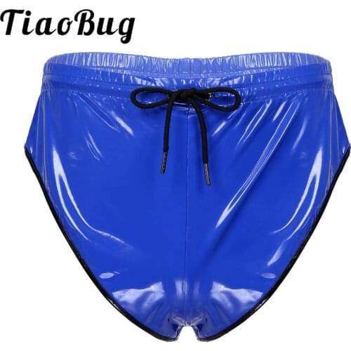 Mens Sexy Briefs Underwear Drawstring Elastic Waistband Patent Leather Shorts Nightclub Stage Performance Briefs with Pocket
