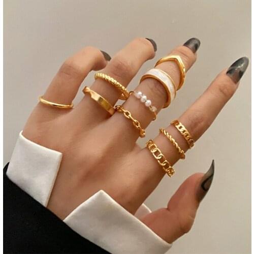 Vintage Metal Geometric Joint Ring Set for Womens Punk Gold Chain Twisted Circle Pearl Finger Ring Minimalist Jewelry Gift