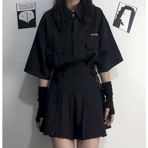 Womens Suits Summer Korean 2021 New Wild Dark Loose Shirt Top Female Fashion Pleated Skirt Two Piece Sets Woman Dress Gothic