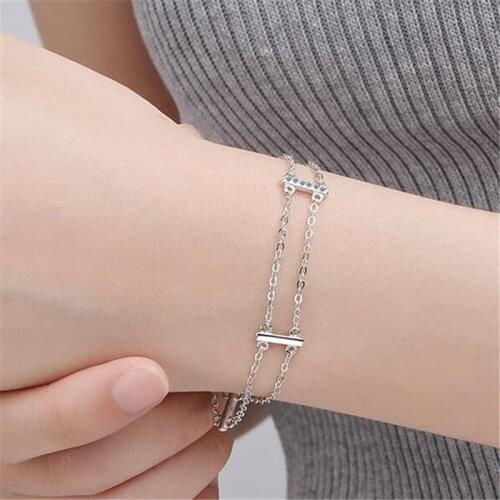 925 Sterling Silver Double layer Zircon Geometric Charm Bracelet &Bangle For Women Fashion Jewelry Party SL384