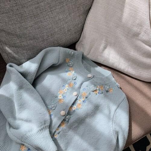 Vintage Flower Embroidery Women Cardigan Korean Chic Knit Sweater Cardigans Female Autumn Single Breasted Loose Sweater Coat New