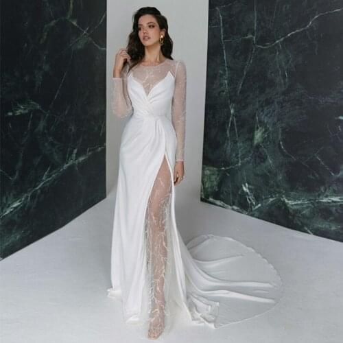 Hot Sale Charming White Long Sleeves Bridal Wedding Dresses Lace Jewel Neck Side Slit Wedding Gowns for Bride Court Train 2021