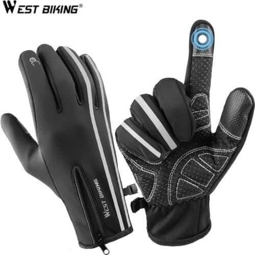 WEST BIKING Winter Heated Gloves Thermal Fleece Windproof Reflective Gloves Motorcycle Bicycle MTB Touch Screen Leather Gloves