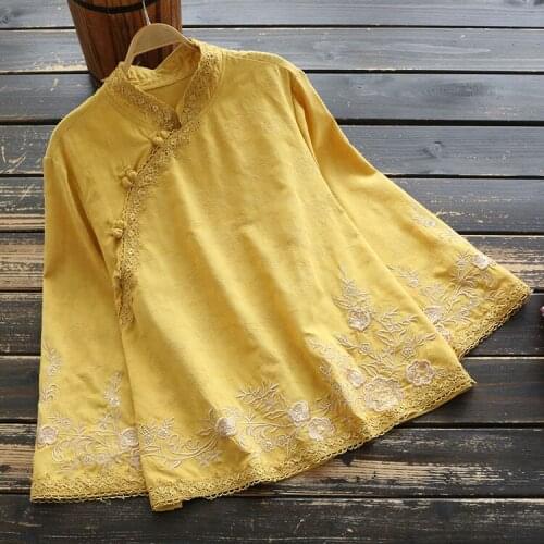 7384 Spring Autumn Women Blouse Chinese Style Cotton and linen Embroidery Long Sleeve Stand Collar Pullover Shirt Women