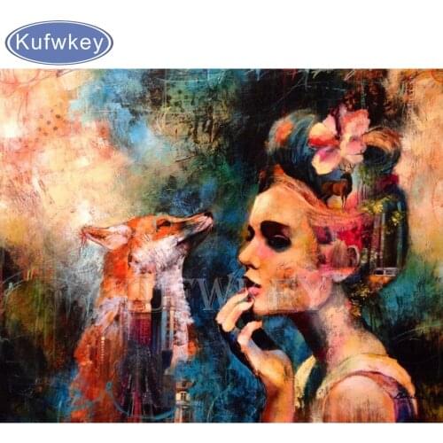 5D Diamond Mosaic"Woman And fox"Full resin Diamond Painting Cross Stitch Kits Diamonds Embroidery Home Decoration