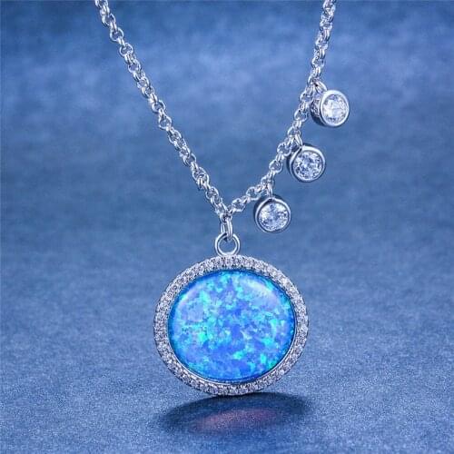 Boho Female Big Round Pendant Necklace Fashion Silver Color Necklaces For Women Boho Blue White Fire Opal Necklace