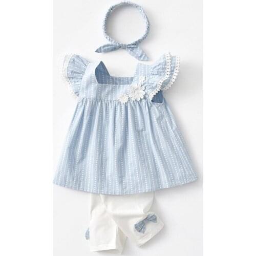 Kids Girls Clothing Sets Summer Dress+pant+Headband Sky Blue 3Pcs for Children Clothing Sets Baby Clothes Outfits 1 2 4 6 Years