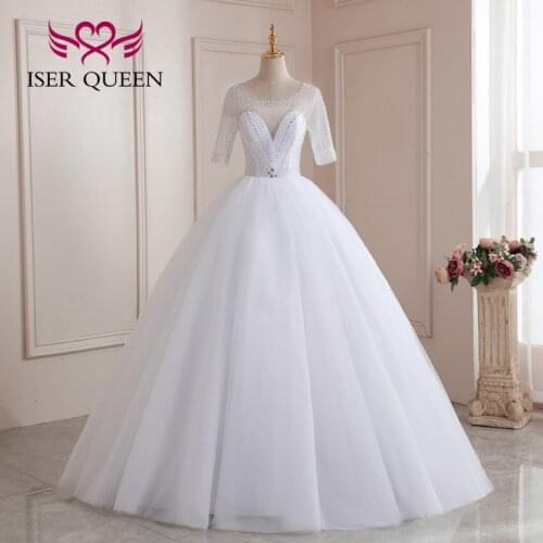 Half Sleeves Pretty Crystal Beaded Ball Gown Wedding Dress Pure White Africa New Design Plus Size Wedding Dresses Women WX0210