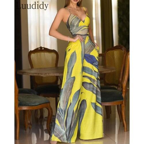 Summer Print Sleeveless Pocket Design Wide Leg Jumpsuit Overalls