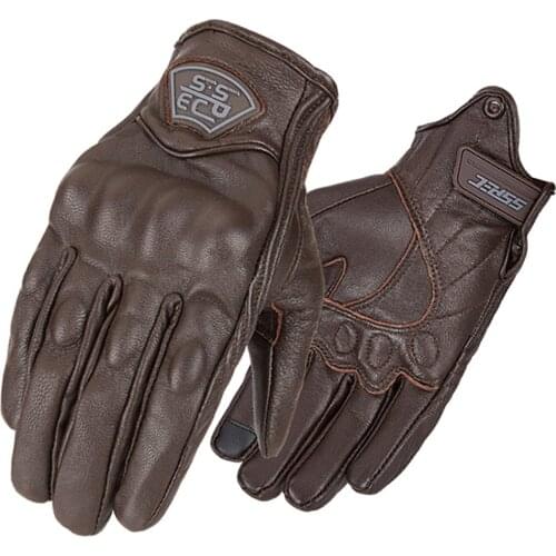 Genuine Leather Motorcycle Gloves Retro Motocross Motorbike Full Finger Gloves Vintage Touch Screen Riding Biker Moto Gloves