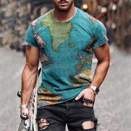 Mens 2020 new mens summer map printing mens short-sleeved T-shirt 3D printing T-shirt casual breathable funny