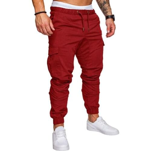 Men Pants Fashion Casual Solid Color Waist Drawstring Multi Pockets Long Cargo Pants Plus Size штаны мужские 2021