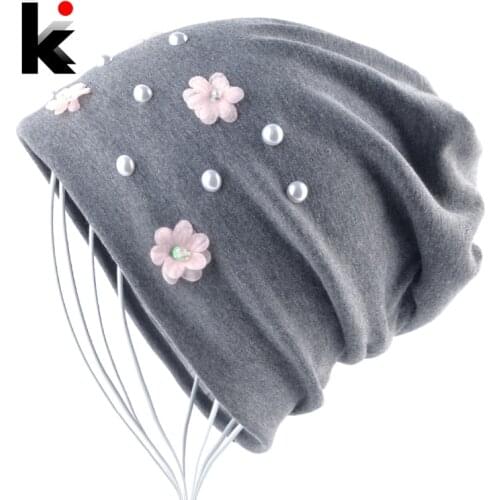 New Fashion Beanies Women Flowers Pearl Solid Hats Female Spring Autumn Skullies Bonnet Ladies Casual Caps Chapeu Feminino